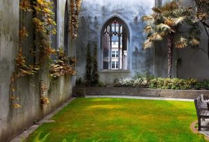 An abandoned English courtyard with overgrown plants and decaying walls