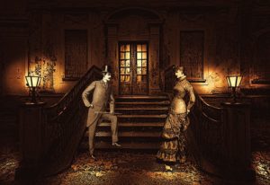 A Victorian setting: a man and woman facing each other at the bottom of a set of stairs